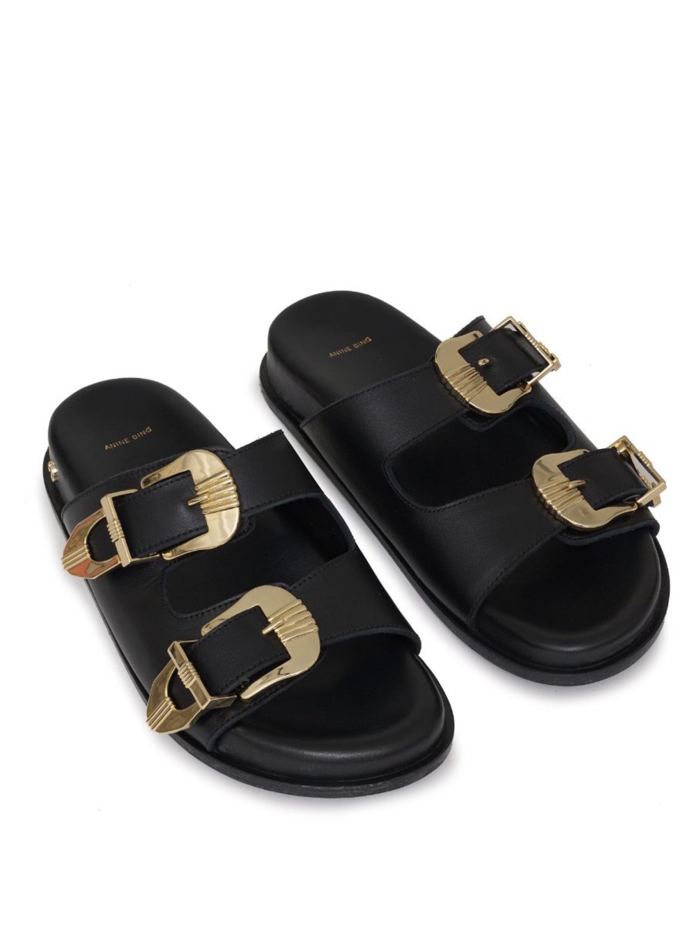 Anine Bing Black Leather Slide Sandals with Gold Buckles - Picture 2 of 16